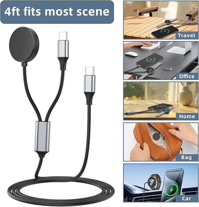 USB C 2 in 1 Multi Fast Charger Charging Cable for Samsung Galaxy Watch 8/8 Classic/7/FE/Ultra/6/6 Classic/5/5 Pro/4/4 classic/3/Active 2/Active & Galaxy S25/S24/S23/S22/21/20 Note-4FT