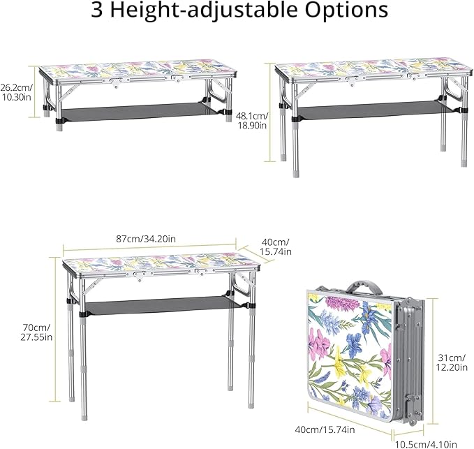Anbte 3ft Folding Camping Table with Storage Net & Bag, 3 Adjustable Height Max 27.5" Outdoor Folding Table Lightweight, Portable Handle for Outdoor Indoor Camping Beach RV Picnic, Blooming Floral