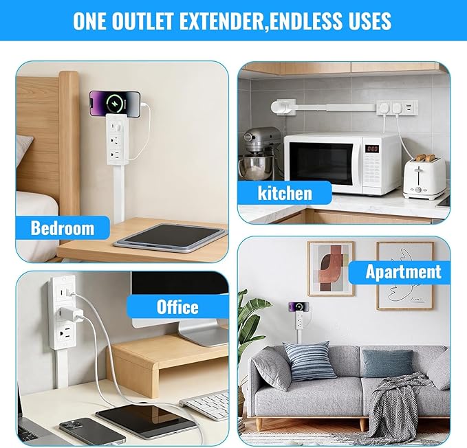 Electrical Outlet Extender Stick with USB-A USB-C and 2 AC Outlets, 17-27 Inch Extendable 180° Rotating Wall Plug Adapter for Nightstand, Sofa, Desk, Hard-to-Reach Spaces