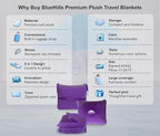 BlueHills Travel Blanket Pillow Premium Soft Plush for Airplane Travel Size Blanket Throw Long Flight Essentials in Compact Bag Plane Portable Lightweight Purple T021