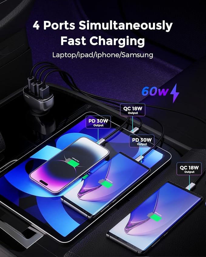 SUNDA 60W USB C Fast Car Charger, 4-Ports Car Charger Adapter, Dual Type C PD30W/PPS30W Compatible with iPhone17/16 Pro/Max/iPhone15/Galaxy/SamsungS25, Dual USB-A 18W QC3.0 for Android(Gray)