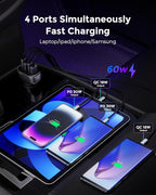 SUNDA 60W USB C Fast Car Charger, 4-Ports Car Charger Adapter, Dual Type C PD30W/PPS30W Compatible with iPhone17/16 Pro/Max/iPhone15/Galaxy/SamsungS25, Dual USB-A 18W QC3.0 for Android(Gray)