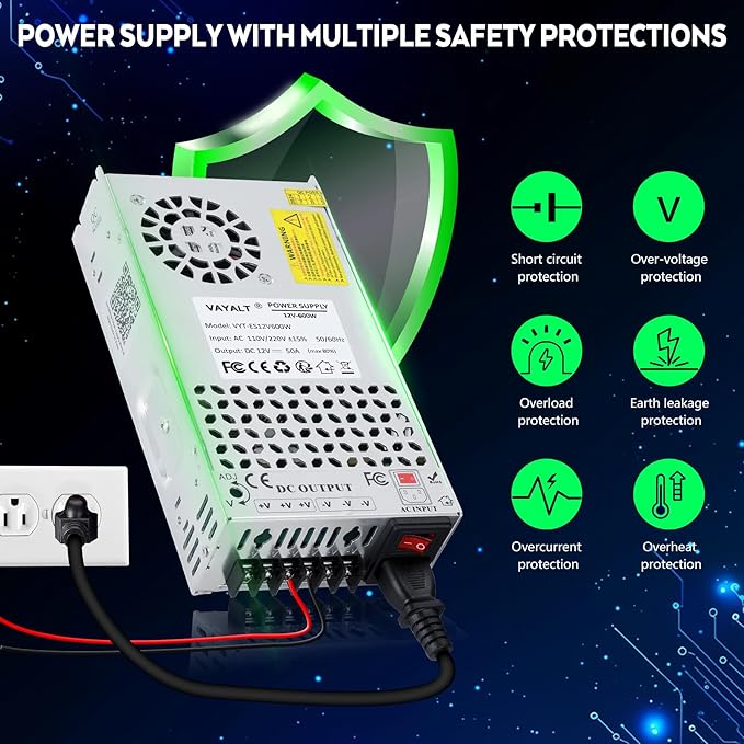 VAYALT DC 12V 50A 600W Switching Power Supply, 110V/220V AC to DC Converter, Universal Regulated Switching, 12V Power Supply for CCTV Camera System, 3D Printer, LED Strip, Computer Project