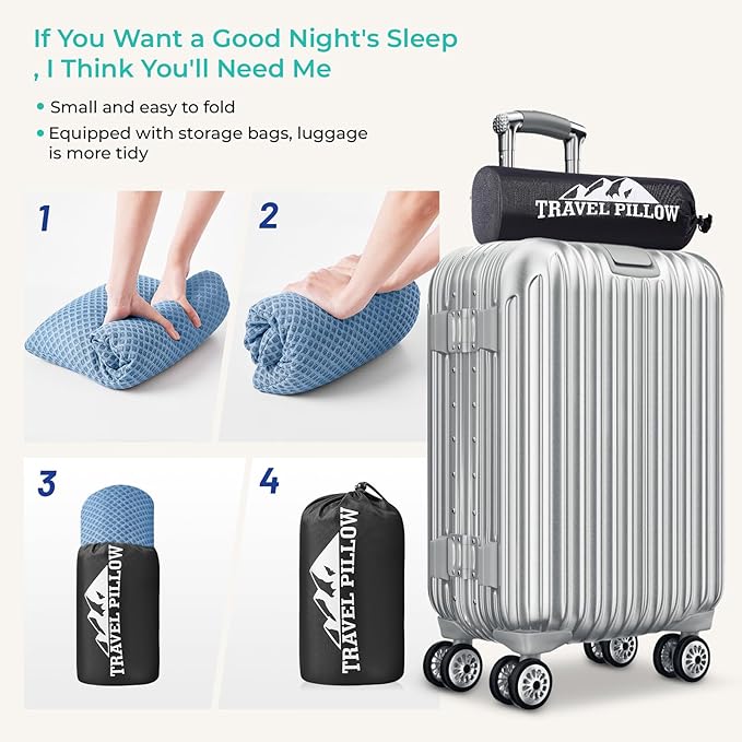 Travel Pillow Memory Foam Pillows, Camping Pillow-Compressible Medium Firm, Breathable Cover, Ideal Backpacking Hiking, Bed Pillows, Airplane and Car (Blue, M)