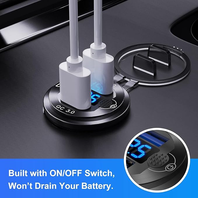 12V Flush Mount Car Charger, Aluminum Metal Body with LED Voltmeter and Switch, Dual QC3.0 USB Port for Marine, RV, Motorcycle & Panel Mounting (red)
