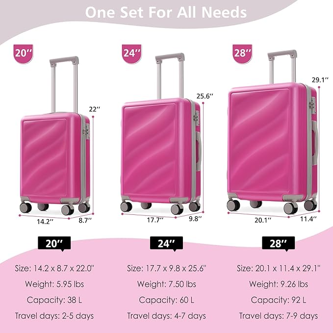 Luggage Sets 3 Piece with Double Spinner Wheels, Carry on Hardshell ABS Suitcases Set with TSA Lock, Lghtweight Checked Luggage for Different Travelling (Pink, 20"/24"/28")