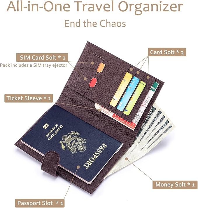 Genuine Leather Passport Wallet with RFID Blocking – Slim Travel Passport Holder with Card Slots, Zipper Coin Pocket & Cash Sleeve, Classic Travel Wallet (Coffee Brown)