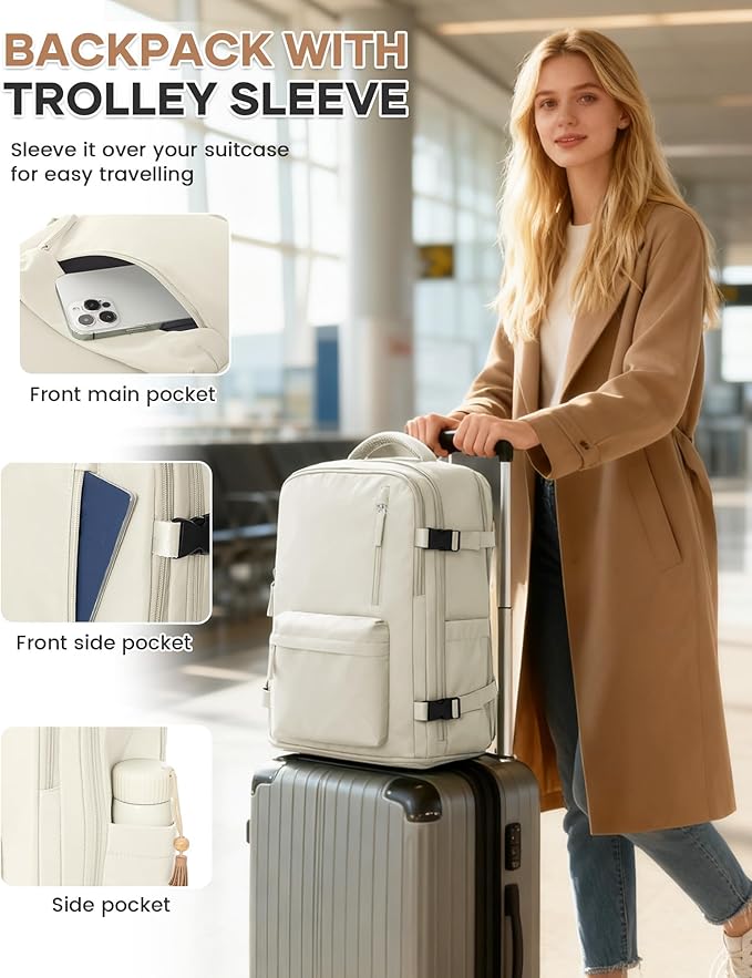 Large Travel Gym Backpack Women Carry On Backpack Flight Approved Hiking Waterproof Rucksack Casual Daypack Laptop bags airplanes Shoes Compartment Personal Item Travel Weekender Bag Essentials Beige