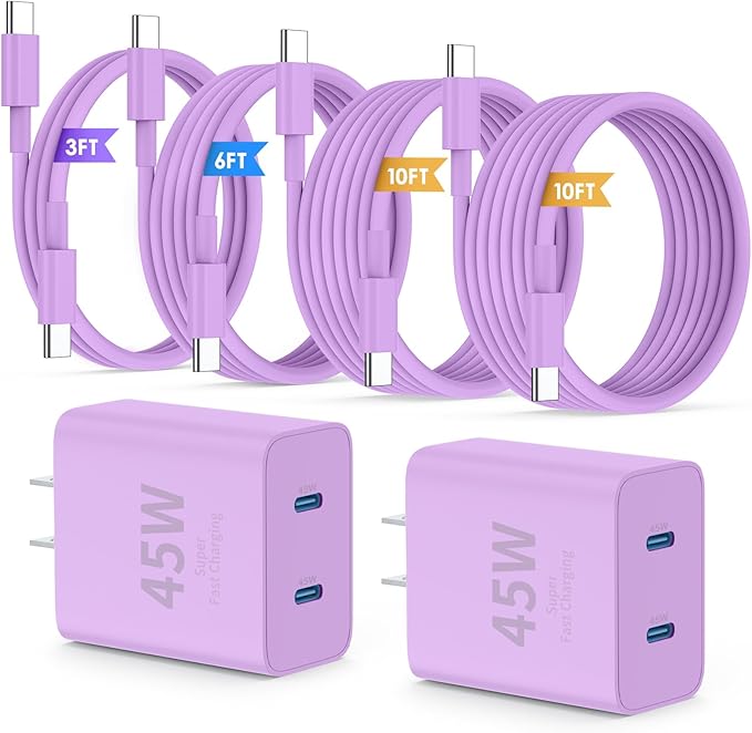 QZIIW iPhone 16 15 Pro Max Charger Fast Charging,45W Dual Port USB C Fast Charger Block [2-Pack] & Extra Long 60W 3/6/10/10FT USB C Cable - PD Quick Adapter 3.0 for iPhone 16 15/16 15Pro/16 15 Plus.