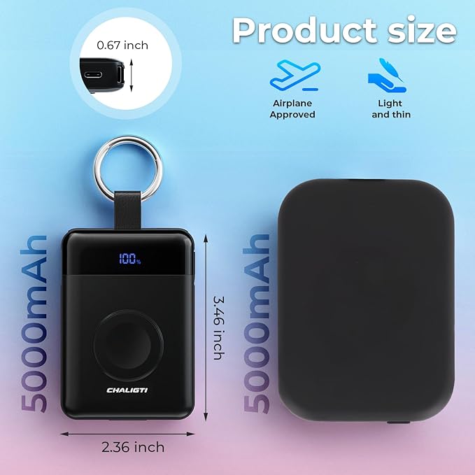 Portable Charger,5000mAh PD 20W Super Fast Charging Power Bank with Built-in Cables,Travel Keychain Battery Pack for Apple Watch Ultra/11/10/9/8/7/6/SE,iPhone 17/16/15/14/13/12 (Black)