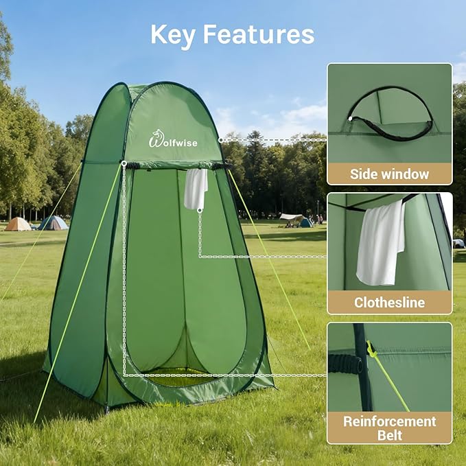 Wolfwise Pop Up Shower Tent, Portable Instant Changing Tent with Ventilation Window & Carry Bag, Privacy Bathroom Toilet for Beach, Camping & Outdoor, Width 47 ", Height 83 ", Green