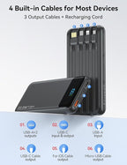 Portable Charger, 10000mAh 22.5W Fast Charging Power Bank with 4 Built-in Cables, Travel Essentials Battery Pack with LED Display, 6 Outputs Charging Bank Compatible with iPhone, iPad, Samsung Black