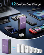 MEKIOJEO 12 Ports Aluminum Alloy 380W Charging Station Fast USB C Charger Block 65W Laptop GaN Charger for MacBook Pro/Air/iPad Pro/iPhone (Purple)