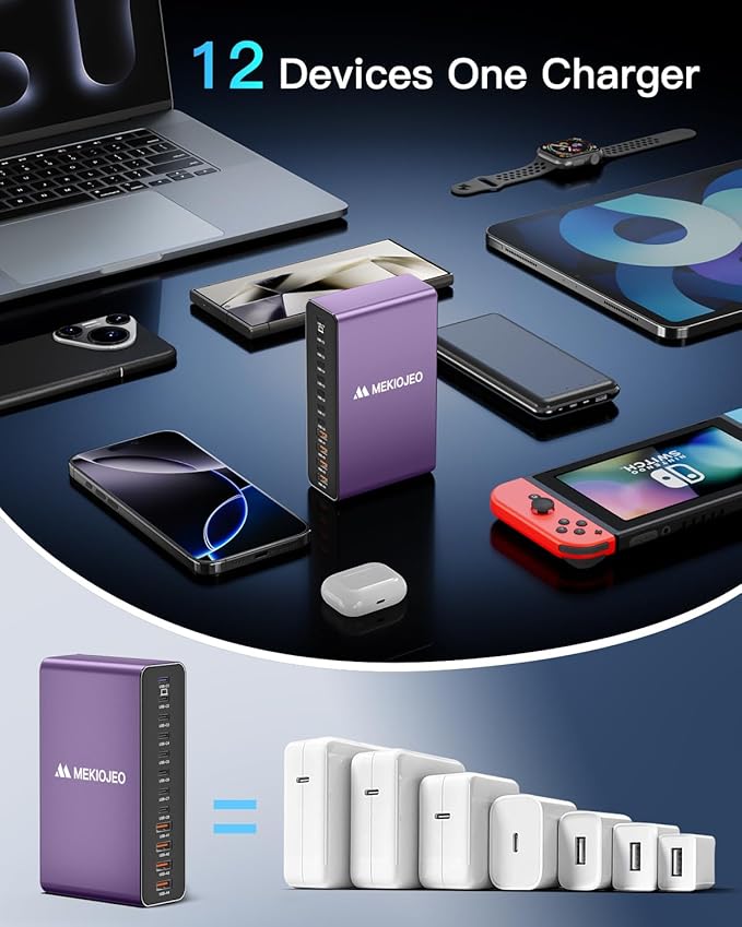 MEKIOJEO 12 Ports Aluminum Alloy 380W Charging Station Fast USB C Charger Block 65W Laptop GaN Charger for MacBook Pro/Air/iPad Pro/iPhone (Purple)