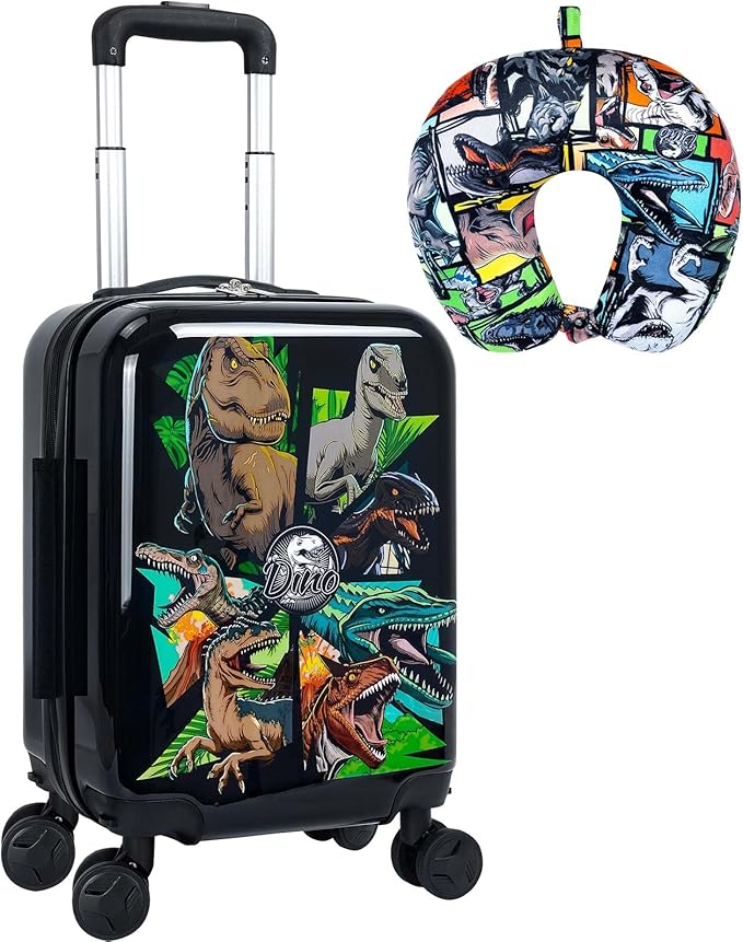 WZLVO Cool Dinosaur Kids Luggage 2PC Set with 360° Spinner Wheels, Lightweight Travel Carry-On Hardshell Suitcase for Boys, Toddler & Elementary Children