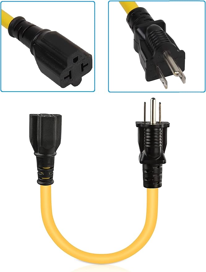 12AWG Heavy Duty Extender AC Plug Adapter [4-in-1], 15 Amp Household to 20 Amp T Blade Power Extension Cord, 1FT/32CM 12AWG Nema 5-15P to 5-20R/6-15R/ 6-20R, 15A 125V to 20A 250V Adapter Cable