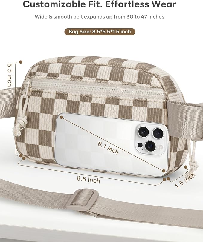 Pritent Fanny Packs for Women Cross Body Bag Waterproof Belt Bag with Adjustable Strap and Zipper Back Pocket Small Crossbody Bags Fashion Waist Packs for Workout Travelling(Checkered Khaki)