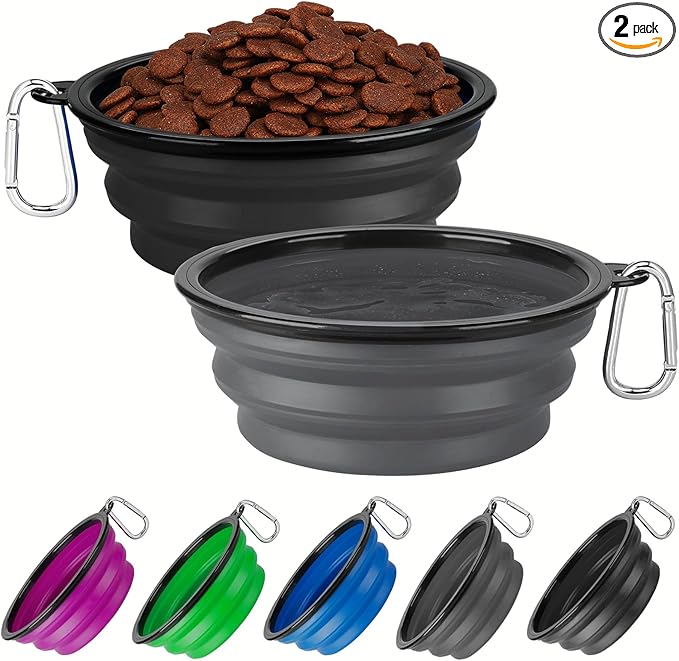 Collapsible Dog Bowl Large 2 Pack, Dog Water Bowls for Travels, Portable Foldable Pet Bowls Feeding Watering Dish for Parking Walking Camping with 2 Carabiners Clip (34oz, Large,Black+Grey)