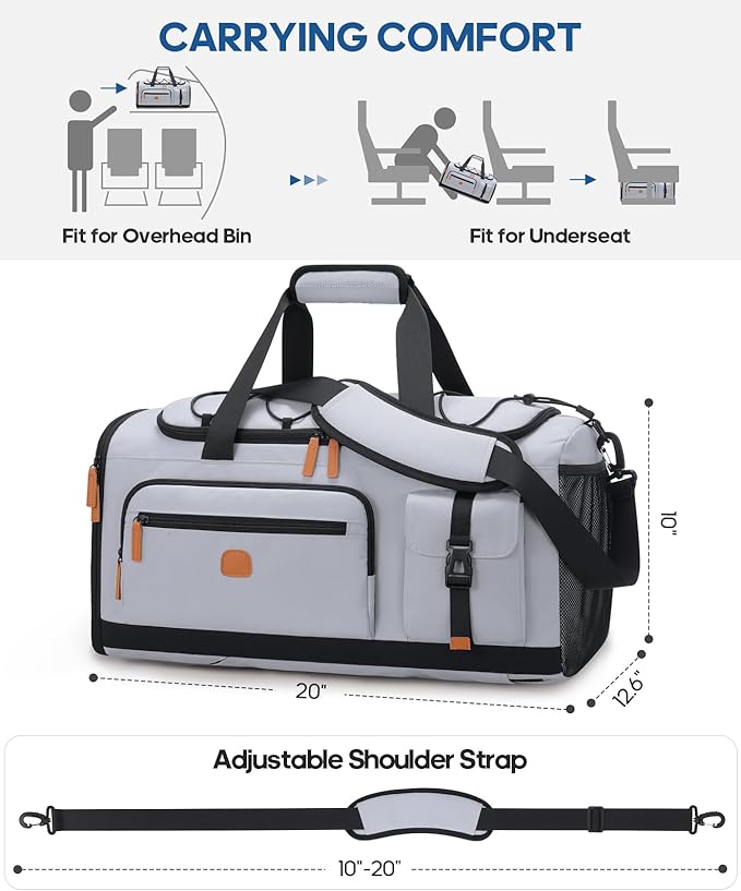 Gym Bag for Men and Women with Shoe & Laptop Compartment, 3-in-1 Sports Travel Duffel Bag Anti-Theft Weekender Carry-on Backpack for Airplane & Workout, Overnight Travel Bag, 35L, Light Grey, Medium