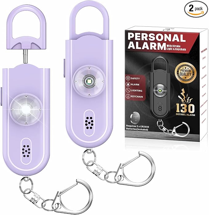 Personal Safety Alarm Keychain for Women 2PCS -130 dB Loud Siren with SOS Strobe Light, Flashlight, Double Speakers, Safe Defense Key Chain for Girls Kids Elders Emergency Call