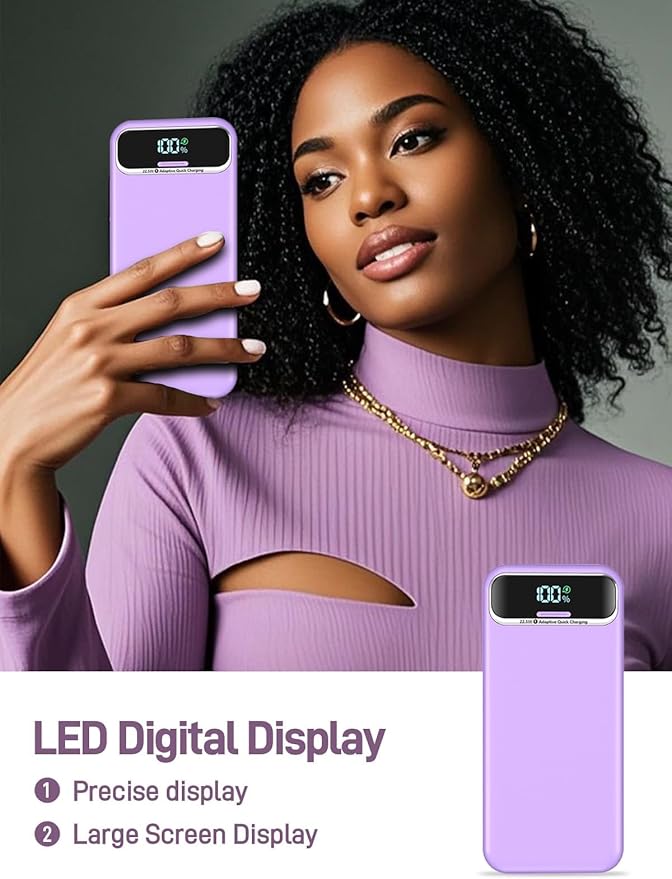 Portable Charger, 20000mAh 22.5W Fast Charging Power Bank with Built-in Cables & Wall Plug, Travel Essential External Battery Pack with LED Display, USB C Battery Phone Charger for iPhone iPad Purple