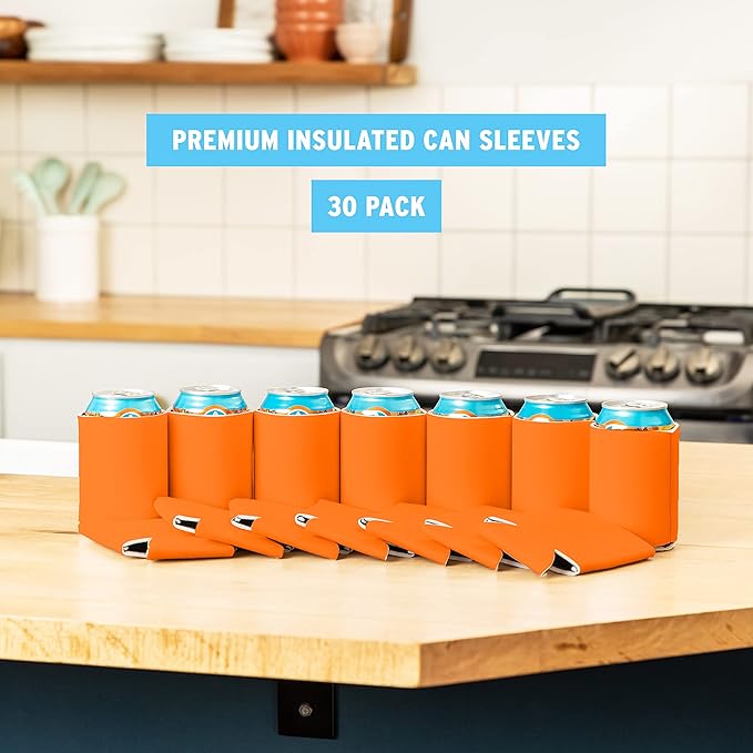 Blank Beer Can Coolers Sleeves (30-Pack) Soft Insulated Beer Can Coolies - HTV Friendly Plain Koolies in Bulk for Beer Cans & Bottles - Coolie Blanks for Vinyl Projects & Wedding Favors (Orange)