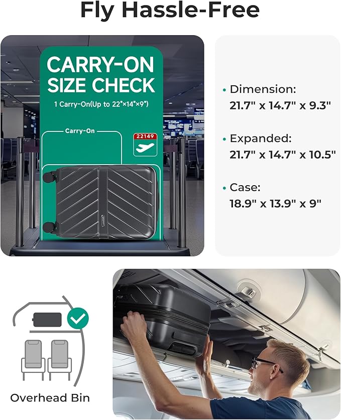 BAGSMART Carry on Luggage 22x14x9 Airline Approved with TSA Lock, 100% Polycarbonate Hardside Suitcase with Spinner Wheels, Gray