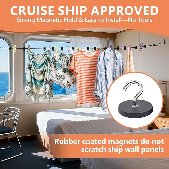 Esoes Magnetic Clothesline for Cruise Ship Cabin Approved - 2026 Updated Super Stronger Magnets,Travel Clothesline for Cruise Ship Essentials Rubber Coated Non-Scratch Strong Magnets, RV and Camping