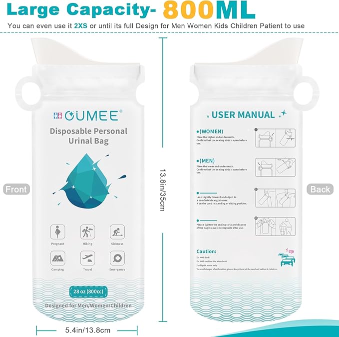 OUMEE 800ML Emergency Disposable Urinal Bags, 8/12/20/23/28 Pcs Camping Pee Bags Unisex Urine Bag Vomit Bag for Travel Traffic Jam Portable Toilet Bag for Men Women