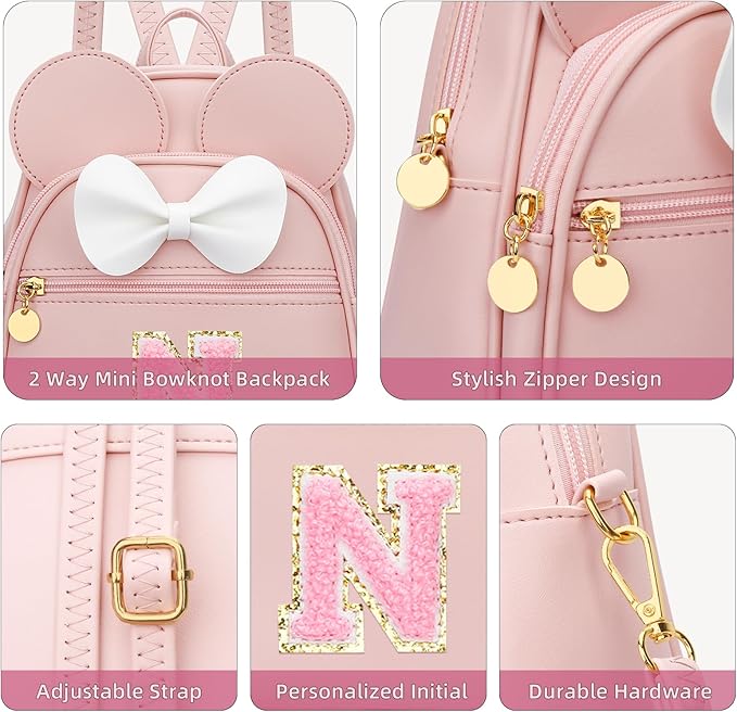 KKXIU Girls Initial Bowknot Cute Mini Backpack for Toddler, Travel Small Girl Backpacks, Personalized Birthday Gifts for Little Girls and Kids(N, Pink)