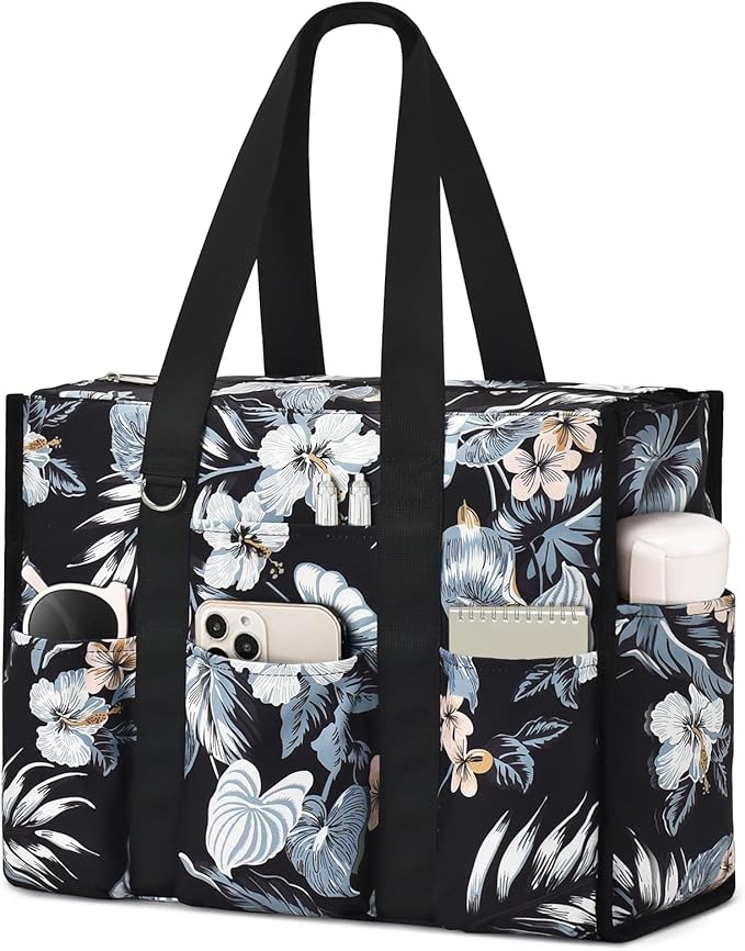 Becokan Large Tote Bag for Women Waterproof with 12 Pockets Top Zipper Closure Utility Teacher Nurse Bags for Work School