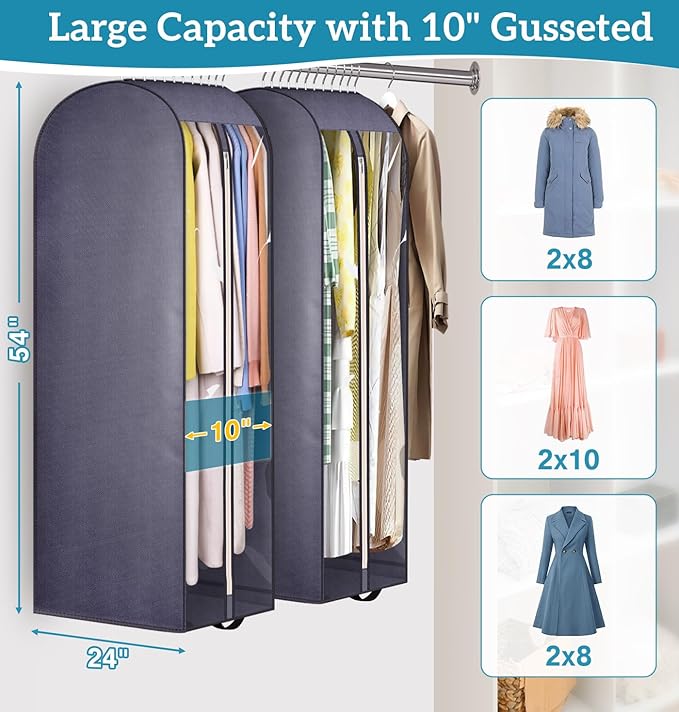 KIMBORA 10" Gusseted Clear Dress Bags for Gowns 54" Suit Bags for Closet Storage with Handles Garment Bags for Hanging Clothes Storage Garment Covers for Coats, Suits, Jackets, Dresses(2 Packs, Grey)