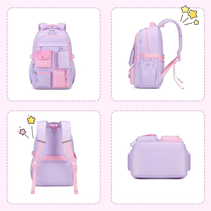 Kids Backpack, Backpack for Girls for Elementary School Multiple Pockets Ages 6-10(Purple)