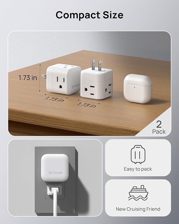 TROND 2 to 3 Prong Outlet Splitter 2 Pack, 3 Way Plug Extender with 360 Rotating Plug, US to Japan Power Adapter for Travel, 3 Prong Adapter for Non-grounded Outlet in Old House