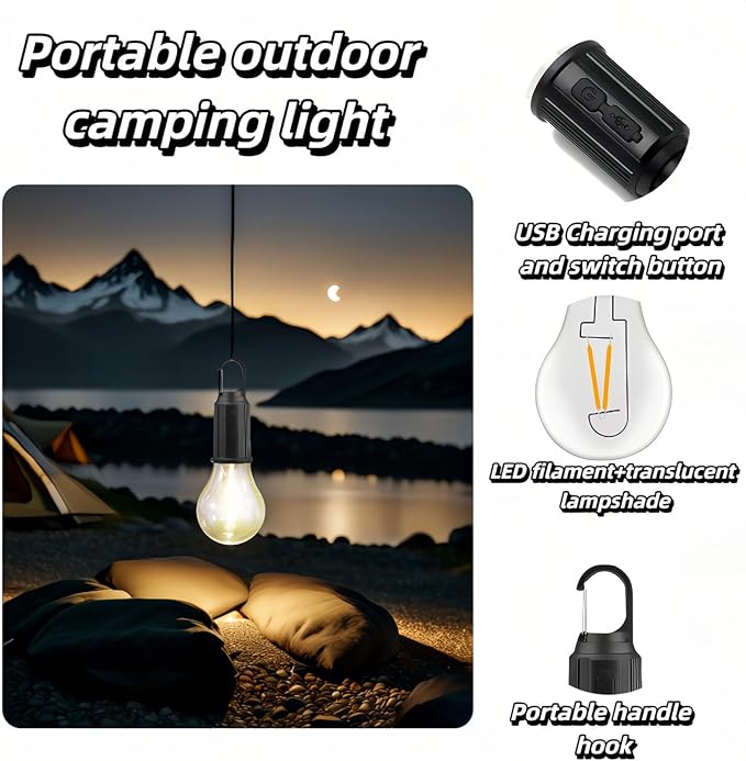 Portable LED Camping Lantern，Hang Anywhere Hook, USB-C Rechargeable, 3 Brightness Modes, Water Resistant for Emergency, Tent, Hiking, Power Outage& Outdoor (Black 1PCS) (T01)
