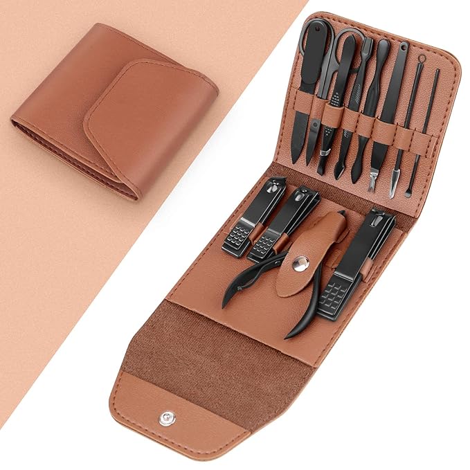 Teamkio 12pcs Manicure Set Pedicure Nail Clippers Set Travel Hygiene Kit Stainless Steel Professional Cutter Care Set Scissor Tweezers Knife Ear Pick Tools Grooming Kits with Leather Case