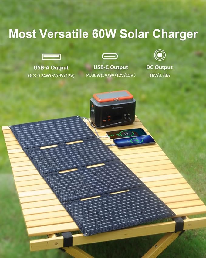ELECAENTA 60W Portable Solar Panel for Power Station, USB C & USB A and DC 18V Output, IP68 Waterproof, Foldable ETFE Solar Charger, Compatible with iPhone Samsung Camping Hiking Outdoor