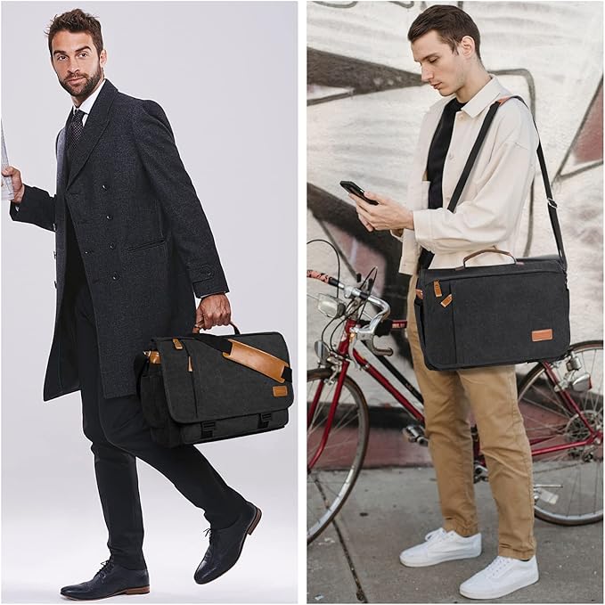 ESTARER Men Messenger Bag 15.6 inch, Computer Work Bag Water-resistant Canvas, Laptop Shoulder Bag Briefcase Satchel, Dark Grey