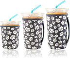 KJQJLY 3 Pack Reusable Iced Coffee Sleeves for Iced Coffee Cups or Drinks Reusable Neoprene Insulated Sleeves for Hot and Cold Drinks from Starbucks, Dunkin, And More (Paw Prints)