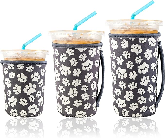 KJQJLY 3 Pack Reusable Iced Coffee Sleeves for Iced Coffee Cups or Drinks Reusable Neoprene Insulated Sleeves for Hot and Cold Drinks from Starbucks, Dunkin, And More (Paw Prints)