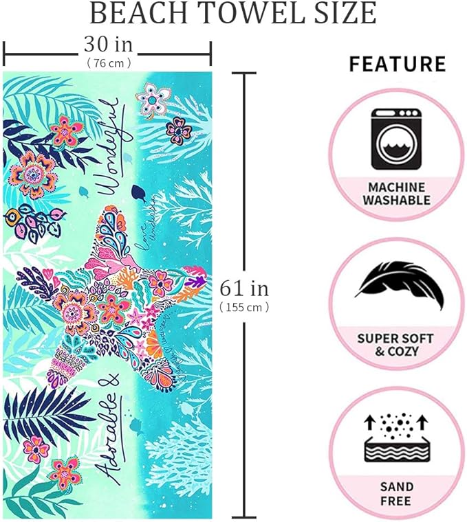 Beach Towel Microfiber Beach Towels Sand Free Quick Dry Lightweight Travel Towels Oversized Large Quick Cute Starfish Design 30×60 inch Beach Towels for Kids Women Men Pool Swim