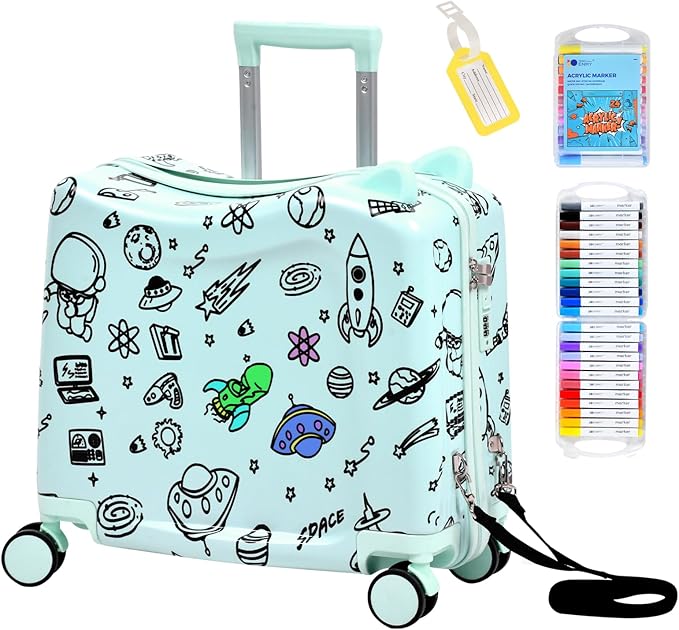Kids Ride-On Suitcase with Cute Ears, DIY Graffiti Coloring Design, 20" Carry-On Luggage with 4 Spinner Wheels, Pull Rope & Combination Lock – Rideable Travel Case for Toddlers & Children(Green)