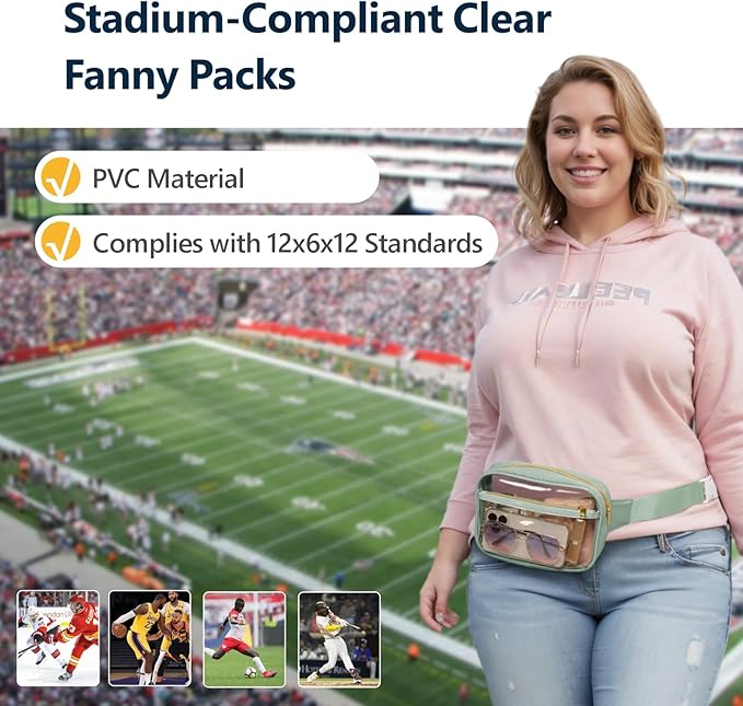 Packism Clear Fanny Pack for Women Stadium Approved - Quilted Clear Belt Bag, Adjustable Strap Fits 35-51 Inches, Transparent Waist Bag for Sports Concerts Festivals, Soft Green
