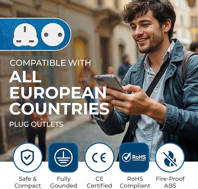 OREI Full European Travel Adapter Set - Dual Input American to Europe, Germany, England, Spain, Italy, Iceland, France, (Type G, E/F, Type C) - 3 Pack, Safe Grounded Use for Cell Phones, Laptops