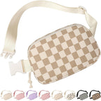 Vankor Brown and White Checkered Fanny Packs for Women Men Corduroy Cute, Checkered Crossbody Belt Bag for Women Men Stylish Waist Pack Purse for Travel, Hiking, Workout, Running