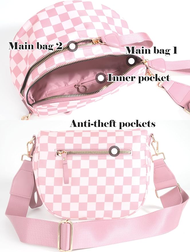 Black and White Checkered Crossbody Bag Bum Bag for Women,Spacious Checkered Purse Fanny Packs Belt Bag
