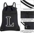 HOLYLUCK Drawstring Bags Initial Backpack Sackpack Cinch Bags for Sports, Gym, Travel, Beach (Black-L)