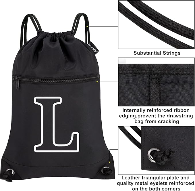 HOLYLUCK Drawstring Bags Initial Backpack Sackpack Cinch Bags for Sports, Gym, Travel, Beach (Black-L)