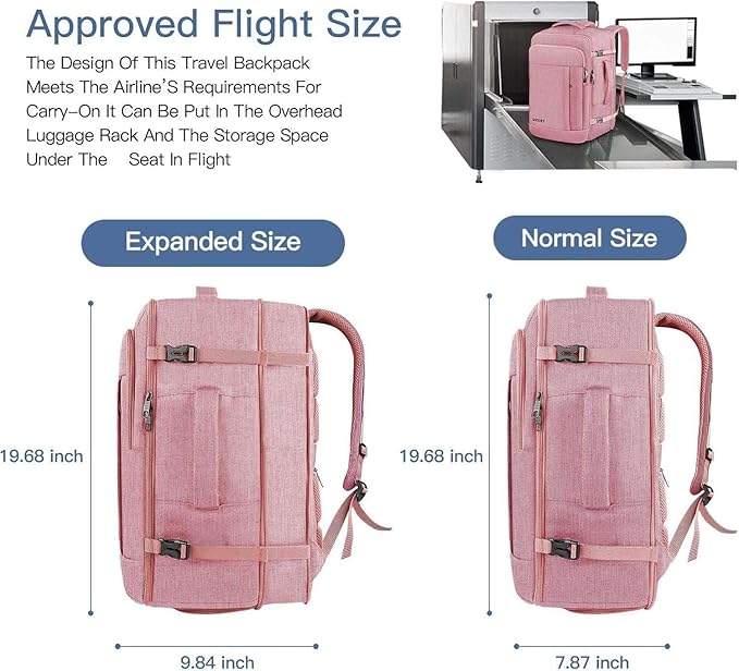 Gieury Carry On Backpack for Women, 50L Travel Backpack Flight Approved, Expandable Backpack For Airplanes, 17 Inch Laptop Backpack, Luggage Suitcase Daypack Lightweight Business Weekender Bag, Pink