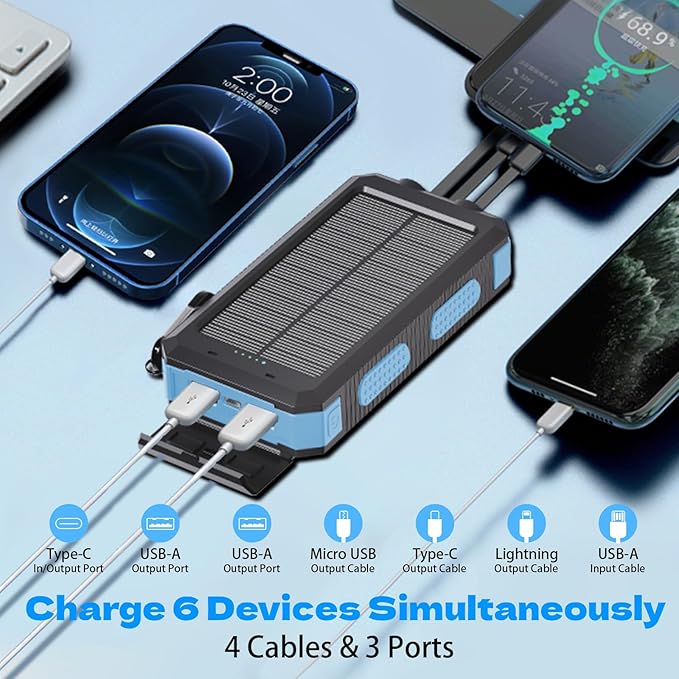 Power Bank Solar Charger 20,000mAh, Portable Phone Charger, 4 Cables Outdoor Waterproof External Backup Power Charger with USB-C for Cell Phones, Solar Battery Pack with Dual Flashlight for Camping